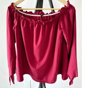 Sale!! Boho Off-the-Shoulder Blouse with Frill Trim 3/4-Length Sleeves Tie